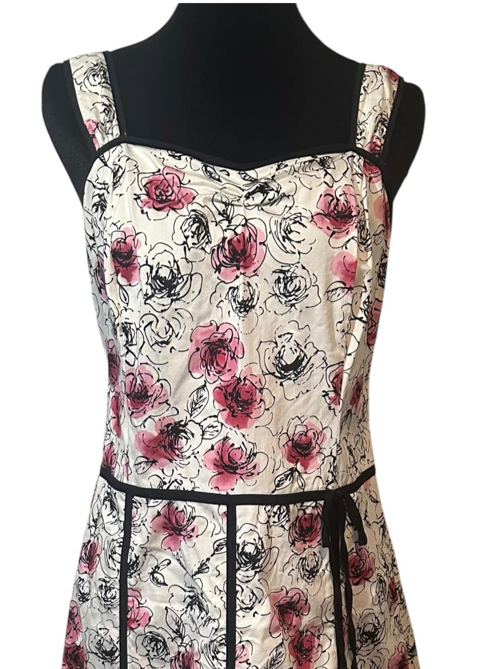 Sag Harbor Pink Rose Print A-Line Dress with Black Piping